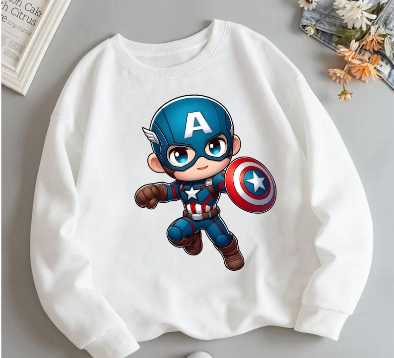 Puede incluir: Una sudadera blanca de manga larga con un gr&aacute;fico central de un personaje de dibujos animados de Capit&aacute;n Am&eacute;rica. El personaje lleva una m&aacute;scara azul con una A blanca, un traje azul y rojo con una estrella blanca y sostiene un escudo circular.