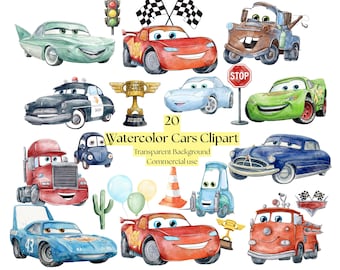 Puede incluir: Una colección de 20 ilustraciones en acuarela con coches antropomórficos, un semáforo, banderas a cuadros, un trofeo, una señal de stop, globos, un cono de tráfico y un cactus. El texto dice 20 Watercolor Cars Clipart Transparent Background Commercial use.