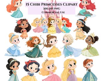 Puede incluir: Una colección digital de 15 ilustraciones de princesas chibi con varios personajes en vestidos y trajes coloridos. El texto 15 CHIBI PRINCESSES CLIPART 300 DPI PNG COMMERCIAL USE aparece en el centro sobre la silueta de un castillo rosa.