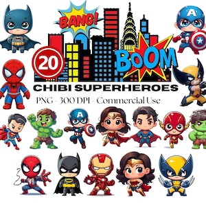 Pode incluir: Uma coleção digital de 20 ilustrações de super-heróis chibi com personagens como Batman, Spider-Man, Hulk e Wonder Woman. O fundo mostra um horizonte urbano estilizado com balões de texto em estilo de banda desenhada com BANG e BOOM.