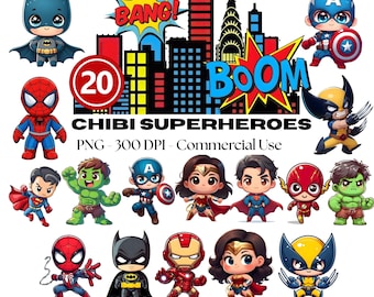 Puede incluir: Una colección digital de 20 ilustraciones de superhéroes chibi con personajes como Batman, Spider-Man, Hulk y Wonder Woman. El fondo muestra un horizonte urbano estilizado con burbujas de texto al estilo cómic que dicen BANG y BOOM.