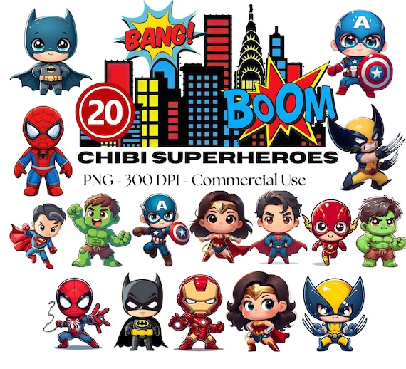 Superhero Chibi Clipart PNG Bundle, 20 Cute Kawaii Superheroes, Boys Birthday Party Clipart, Sticker & Sublimation PNG, Digital Download