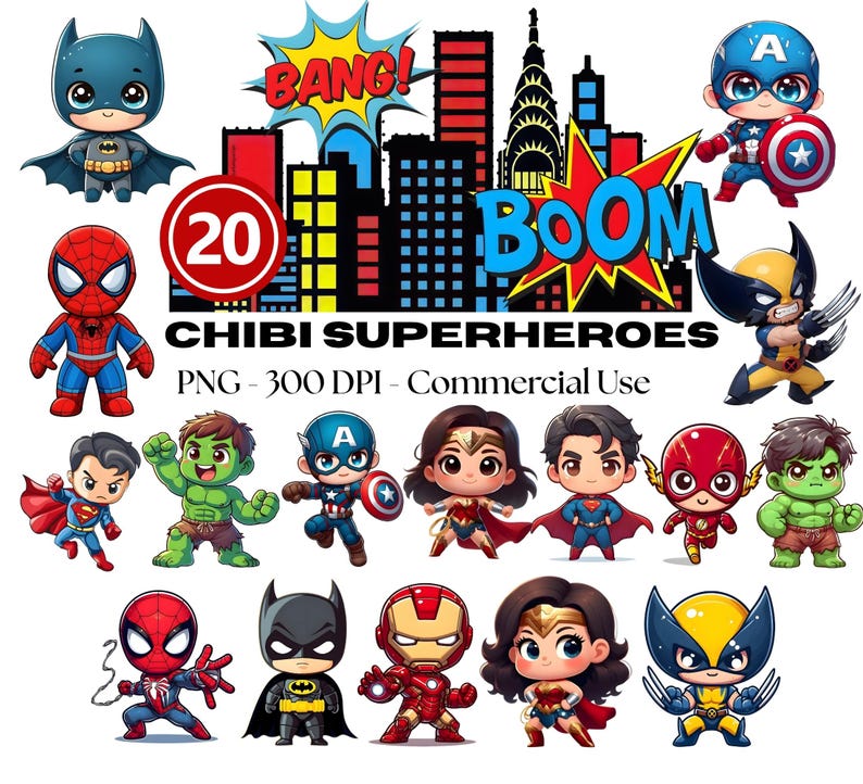 Puede incluir: Una colecci&oacute;n digital de 20 ilustraciones de superh&eacute;roes chibi con personajes como Batman, Spider-Man, Hulk y Wonder Woman. El fondo muestra un horizonte urbano estilizado con burbujas de texto al estilo c&oacute;mic que dicen BANG y BOOM.