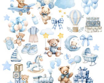 Puede incluir: Una colección de ilustraciones en acuarela en tonos azul y beige que incluye osos de peluche, un avión de juguete, un globo aerostático, un velero, un caballito de balancín, un tren, ropa de bebé, zapatos, una cuna, regalos, globos y estrellas.