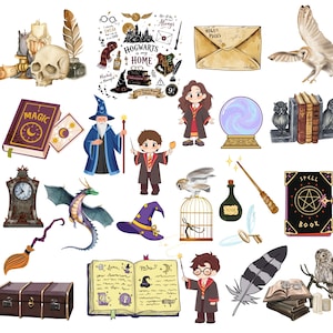 May include: A collection of fantasy-themed stickers featuring a skull, a quill, a Hogwarts castle illustration, a letter, an owl, a magic book, a wizard, a young student, a crystal ball, a dragon, a broom, a birdcage, a wand, and a spell book.