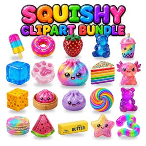Può includere: Una collezione digitale intitolata SQUISHY CLIPART BUNDLE con illustrazioni colorate di un ghiacciolo, ciambella, fragola, orso blu, tè boba, cubetto di ghiaccio, impronta di zampa, raviolo arcobaleno, fetta di torta, axolotl, formaggio, raviolo, raviolo viola, spirale, orso viola, macaron, anguria, panetto di burro, stella e verme.