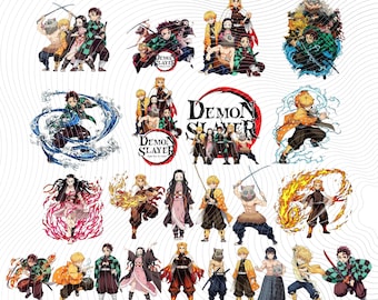 Puede incluir: Una colección de pegatinas de Demon Slayer con varios personajes de anime en poses dinámicas con efectos de agua, fuego y rayos. El conjunto incluye ilustraciones de personajes individuales y escenas grupales con el texto del logo.