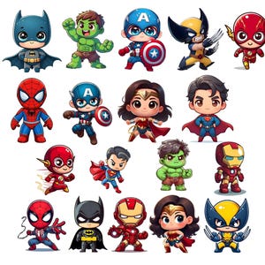 Puede incluir: Una colecci&oacute;n de diecisiete pegatinas de superh&eacute;roes estilo chibi que incluyen personajes como Batman, Hulk, Capit&aacute;n Am&eacute;rica, Wolverine, Flash, Spider-Man, Wonder Woman, Superman e Iron Man, representados con ojos grandes y cuerpos peque&ntilde;os.