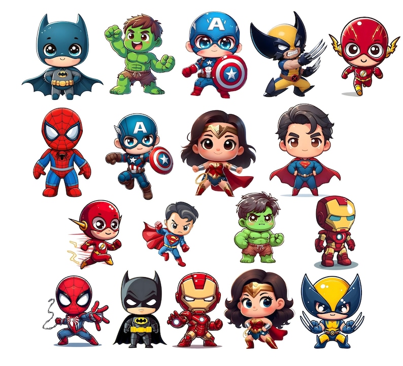 Puede incluir: Una colecci&oacute;n de diecisiete pegatinas de superh&eacute;roes estilo chibi que incluyen personajes como Batman, Hulk, Capit&aacute;n Am&eacute;rica, Wolverine, Flash, Spider-Man, Wonder Woman, Superman e Iron Man, representados con ojos grandes y cuerpos peque&ntilde;os.