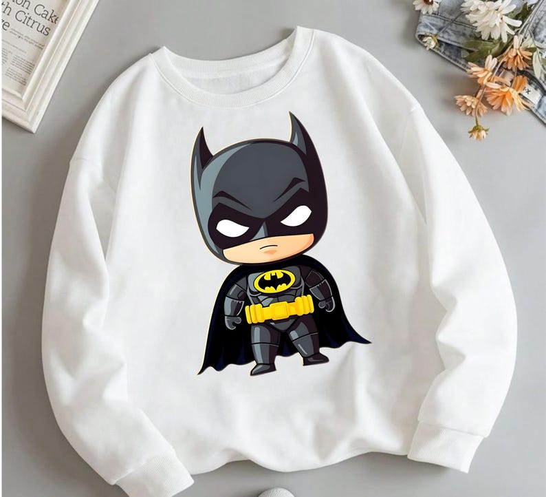 Puede incluir: Una sudadera blanca de manga larga con un estampado gr&aacute;fico de un personaje de Batman al estilo chibi. El personaje viste un traje negro, una capa negra y un cintur&oacute;n utilitario amarillo, con el ic&oacute;nico s&iacute;mbolo de murci&eacute;lago amarillo y negro en el pecho.