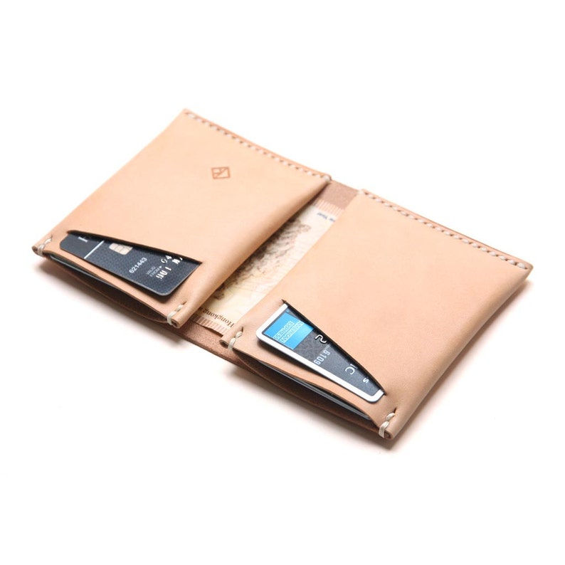 A sleek wallet made from Italian vegetable-tanned leather in natural color, featuring a spacious bill compartment and two card slots for easy access