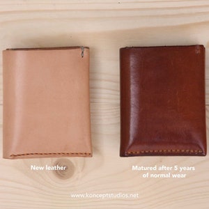 Comparison of two slim leather wallets, one new and one aged after 5 years, crafted from Italian vegetable-tanned leather