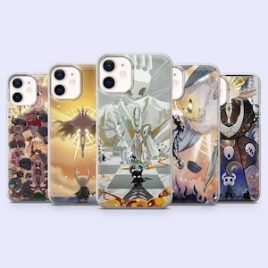 May include: Five clear smartphone cases featuring various colorful graphic illustrations of characters and scenes from the video game Hollow Knight, including depictions of the Knight, the Pale King, and other creatures against detailed backgrounds.