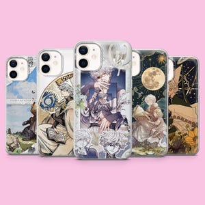 May include: Five clear smartphone cases featuring various anime-style illustrations of a character with white hair. The designs include scenes with books, a full moon, floral elements, and celestial patterns, all printed on transparent protective covers.