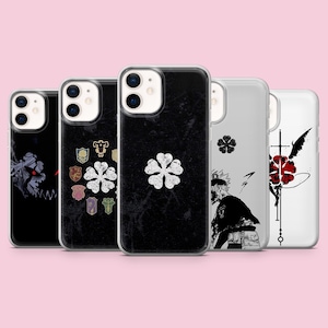 May include: Five smartphone cases featuring Black Clover anime designs. The cases display various graphics including a white five-leaf clover, a collection of colorful magic knight squad emblems, a character illustration, and a sword motif.