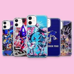 May include: Five smartphone cases featuring various graphic illustrations of the character Metal Sonic. The designs include vibrant blue, purple, and dark color palettes with action-oriented poses, digital patterns, and the text CRUSH YOU!!.