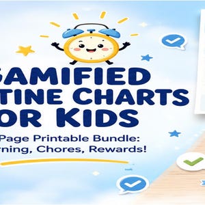 May include: A 3-page printable bundle of gamified routine charts for kids, including a blue routine log, a green chore chart, and a purple reward tracker. Each page features a cartoon alarm clock character, check boxes, and task lists.