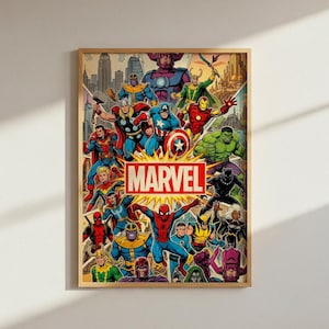 Op de afbeelding: Een rechthoekige ingelijste poster met een levendige stripboekillustratie van diverse Marvel-personages, waaronder Spider-Man, Hulk, Thor en Iron Man, rondom een centraal rood-wit Marvel-logo tegen een achtergrond van een stadsskyline.