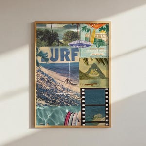 May include: A rectangular wall art print in a light wood frame featuring a collage of surf-themed imagery. The composition includes a large wave, a surfer, palm trees, a vintage van, a mountain landscape, film strips, and colorful surfboards.