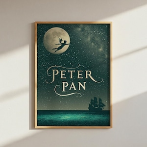 May include: A rectangular framed wall art print featuring a dark teal night sky with a large full moon, a silhouette of Peter Pan flying, and a pirate ship on the water. The text PETER PAN is centered in a decorative cream-colored serif font.