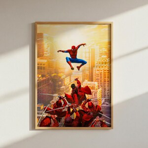 Poster di Spider-Man - Decorazione murale con supereroi Marvel, stampa a fumetti dell'Uomo Ragno, arredamento per la stanza a tema supereroi, decorazione murale con skyline cittadino, regalo per i fan Marvel