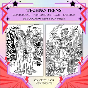 May include: A coloring book titled TECHNO TEENS featuring 50 coloring pages. The cover displays two black and white illustrations: one showing two figures with headphones in a graffiti-filled setting, and another showing a character with a skateboard.