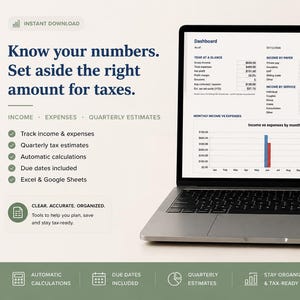 Op de afbeelding: Een laptop die een financieel dashboard toont met inkomsten- en uitgavengegevens, inclusief een staafdiagram. De tekst op het scherm luidt: Know your numbers. Set aside the right amount for taxes. Functies omvatten het bijhouden van inkomsten en uitgaven, kwartaalbelastingschattingen, automatische berekeningen, vervaldata en compatibiliteit met Excel en Google Sheets.