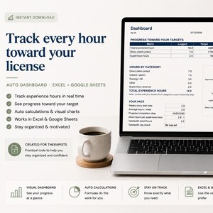 May include: A laptop screen displaying a digital dashboard for tracking professional hours, featuring tables, a bar chart, and text including 'Track every hour toward your license'. The interface is compatible with Excel and Google Sheets.