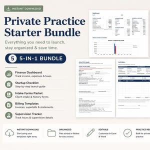 Private Practice Starter Bundle 5 in 1 for Therapists: Intake Forms, Superbill, Finance Dashboard, Supervision Tracker, Startup Checklist