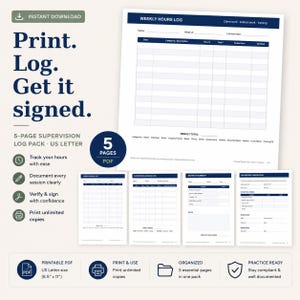 Registro imprimible de horas de supervisión para terapeutas en período de prueba, hoja de seguimiento semanal de horas clínicas, formulario de firma del supervisor, carta estadounidense