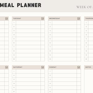 Puede incluir: Una plantilla de planificador de comidas semanal con un encabezado beige que presenta el texto WEEKLY MEAL PLANNER y WEEK OF. Incluye ocho secciones de lunes a domingo y una sección de notas, cada una con líneas numeradas y un icono de casilla.