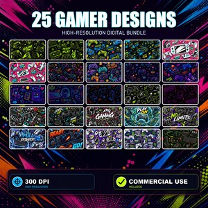 May include: A digital bundle of 25 gamer designs featuring high-resolution graphics with various gaming controllers, consoles, and text like "GAME ON," "LEVEL UP," and "NO LIMITS" in vibrant neon colours against dark backgrounds for commercial use.