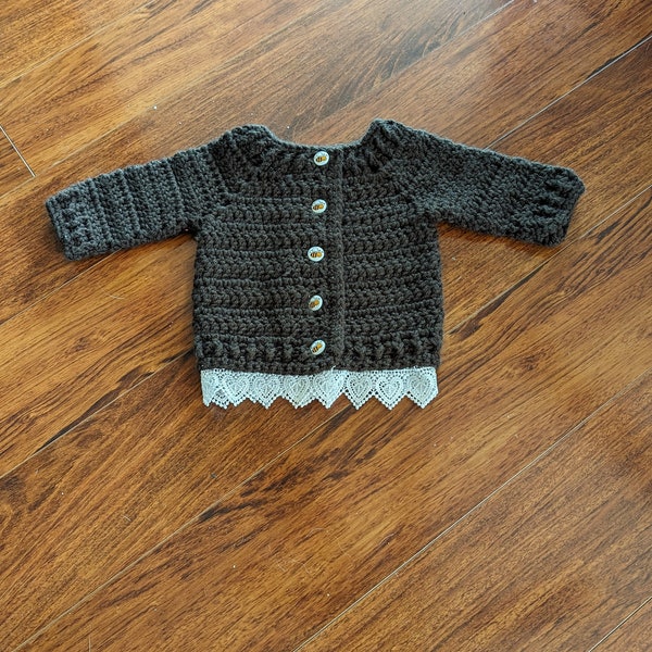 hand crochet infant sweater- chocolate brown with cream lace trim and bee buttons-0/3Mons