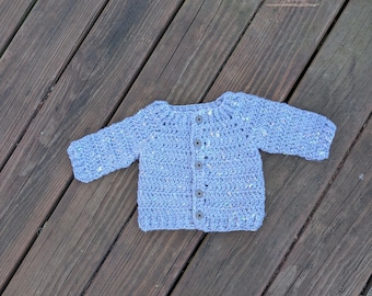 Handmade Crochet Baby Cardigan, Gray Acrylic Knit, 0-3 Months
