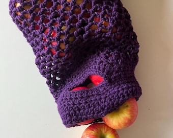 Handmade Purple Cotton Crochet Market Bag, Reusable Shopping Tote