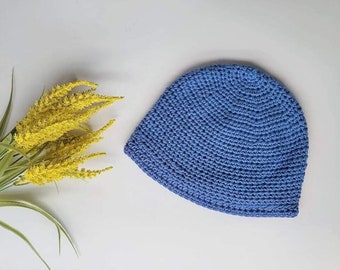 Crochet cotton beanie• sky blue color• sz M/L • handstitched