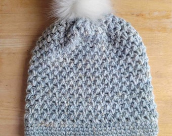 Handmade Crochet Beanie, Neutral Colors, Pom-Pom, Acrylic Yarn