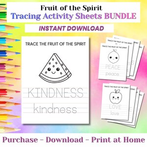 May include: A bundle of printable activity sheets titled Fruit of the Spirit Tracing Activity Sheets BUNDLE. The pages feature black and white line drawings of fruits with faces, including a watermelon, lemon, and apple, alongside dotted text.