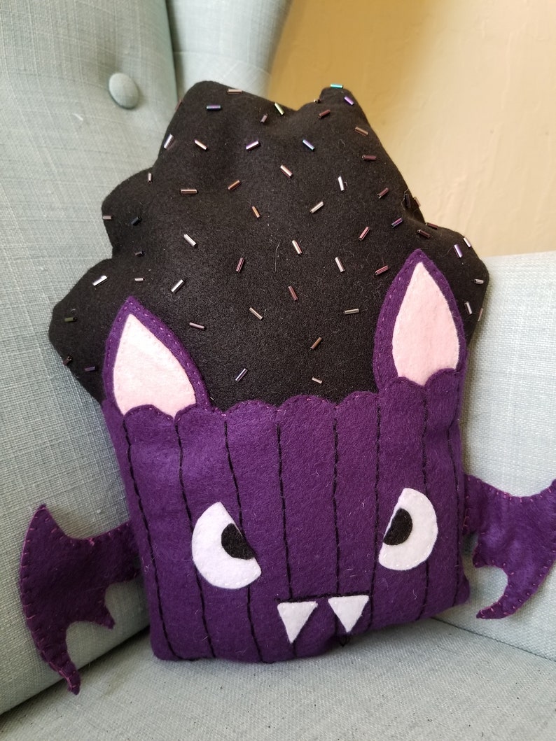 plushie bat toy cupcake Pillow goth toy hand sewn toy bat pillow handmade toy decrotive pillow plushie cupcake plush embroidery
