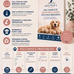 May include: A digital guide titled The Breeder's Guide: The Complete Beginner's Guide Into Dog Breeding, featuring a golden retriever with puppies on the cover. Includes 108 pages of breeding, pregnancy, and puppy care advice, plus bonus printable charts.
