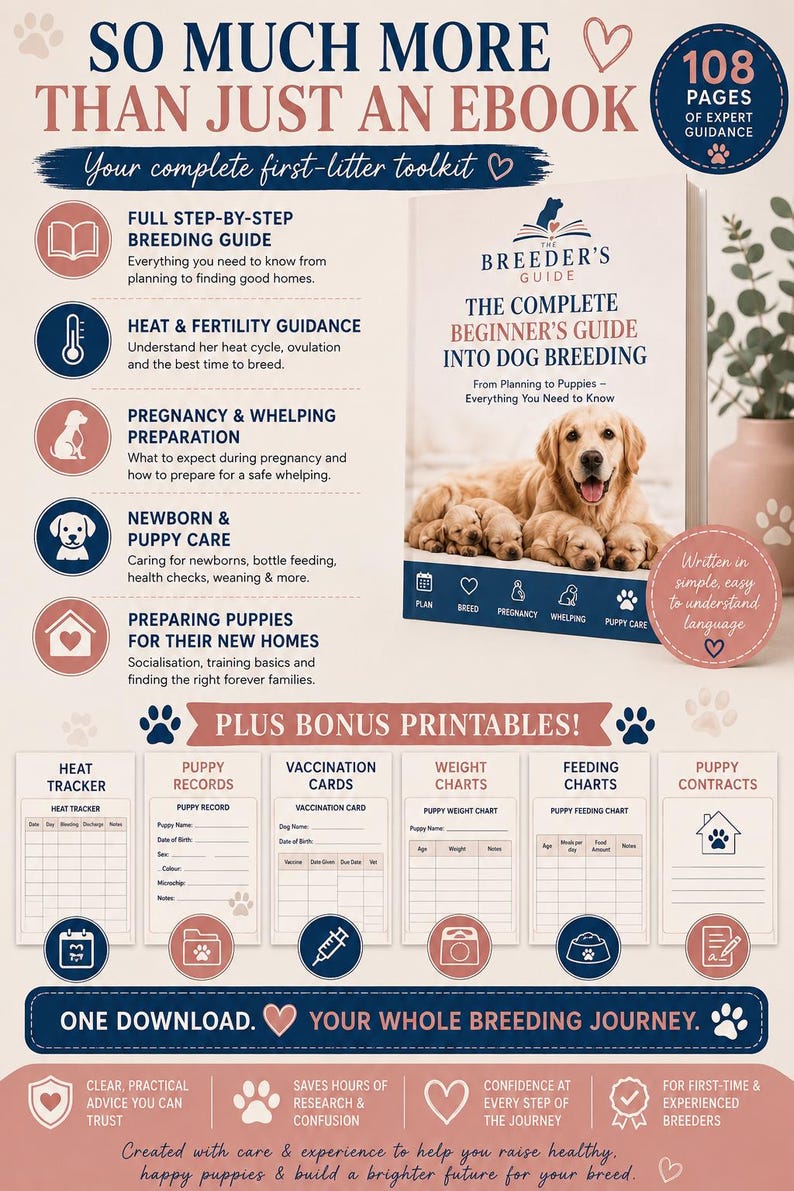 May include: A digital guide titled The Breeder's Guide: The Complete Beginner's Guide Into Dog Breeding, featuring a golden retriever with puppies on the cover. Includes 108 pages of breeding, pregnancy, and puppy care advice, plus bonus printable charts.
