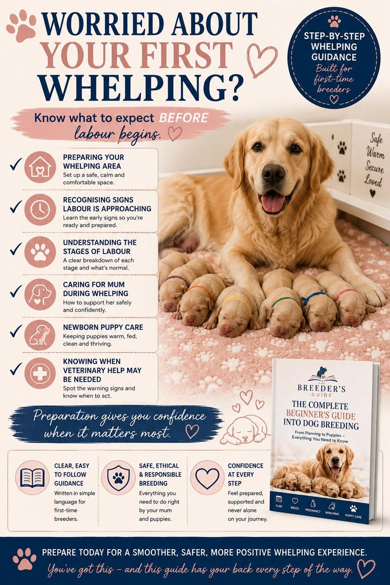 May include: An informational poster titled Worried About Your First Whelping? featuring a golden retriever mother with puppies. It lists steps for whelping preparation, labor signs, and puppy care, alongside a book titled The Complete Beginner's Guide Into Dog Breeding.
