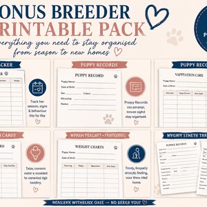 May include: A digital printable pack for dog breeders featuring six documents including a heat tracker, puppy records, vaccination cards, and weight charts. The design uses navy blue and dusty rose accents with paw print icons and text headers.