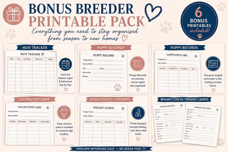 May include: A digital printable pack for dog breeders featuring six documents including a heat tracker, puppy records, vaccination cards, and weight charts. The design uses navy blue and dusty rose accents with paw print icons and text headers.