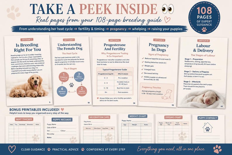 May include: A 108-page dog breeding guide featuring five informational pages and six printable templates. The pages include text on heat cycles, progesterone, pregnancy, and labor, alongside images of a golden retriever and a newborn puppy.
