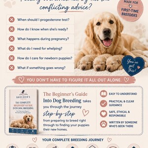 May include: An informational poster titled Breeding Your First Litter? featuring a golden retriever with puppies. It includes a checklist of questions, a book cover titled The Complete Beginner's Guide Into Dog Breeding, and a step-by-step journey diagram.