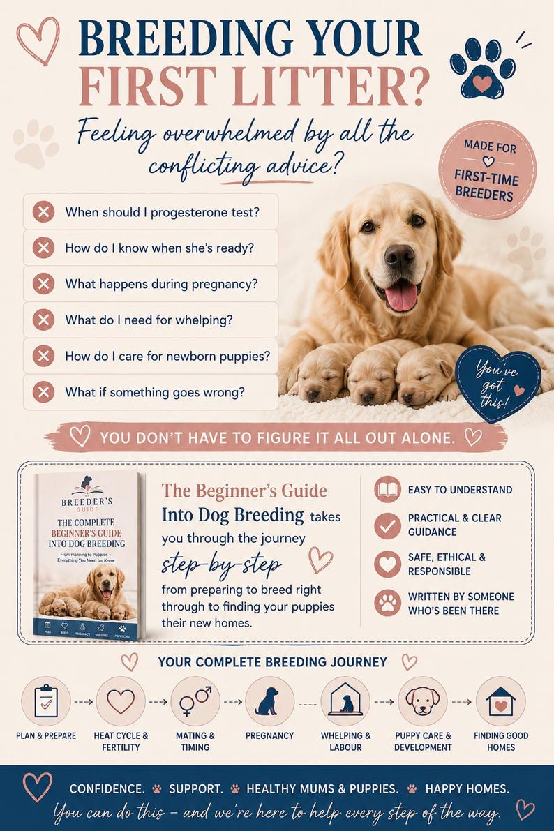 May include: An informational poster titled Breeding Your First Litter? featuring a golden retriever with puppies. It includes a checklist of questions, a book cover titled The Complete Beginner's Guide Into Dog Breeding, and a step-by-step journey diagram.