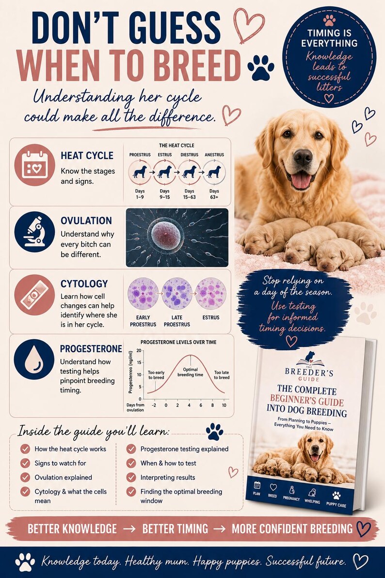 May include: An educational infographic titled Don't Guess When To Breed, featuring a golden retriever with puppies, diagrams of the canine heat cycle, ovulation, cytology, and a progesterone level graph, alongside a book titled The Breeder's Guide.