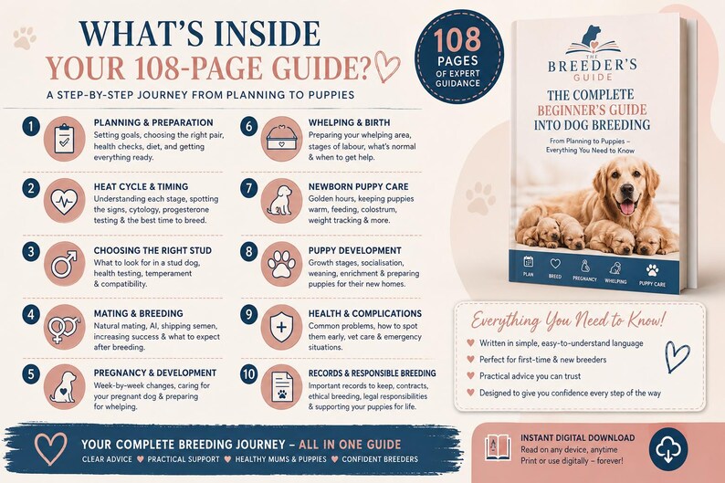 May include: A 108-page digital guide titled The Breeder's Guide: The Complete Beginner's Guide Into Dog Breeding. The document outlines ten steps from planning and preparation to puppy care, featuring a golden retriever and puppies on the cover.