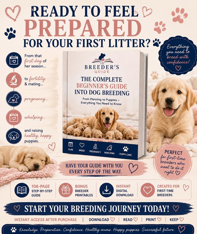 May include: A digital guide titled The Breeder's Guide: The Complete Beginner's Guide Into Dog Breeding, featuring a cover image of a golden retriever with puppies. The guide includes sections on planning, fertility, pregnancy, whelping, and puppy care.